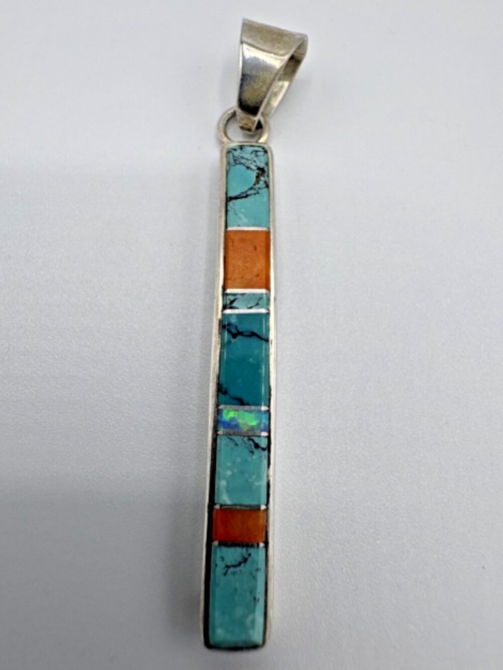 925 Sterling Silver Channel Inlay Bar Pendant Turquoise Spiny Oyster Opal